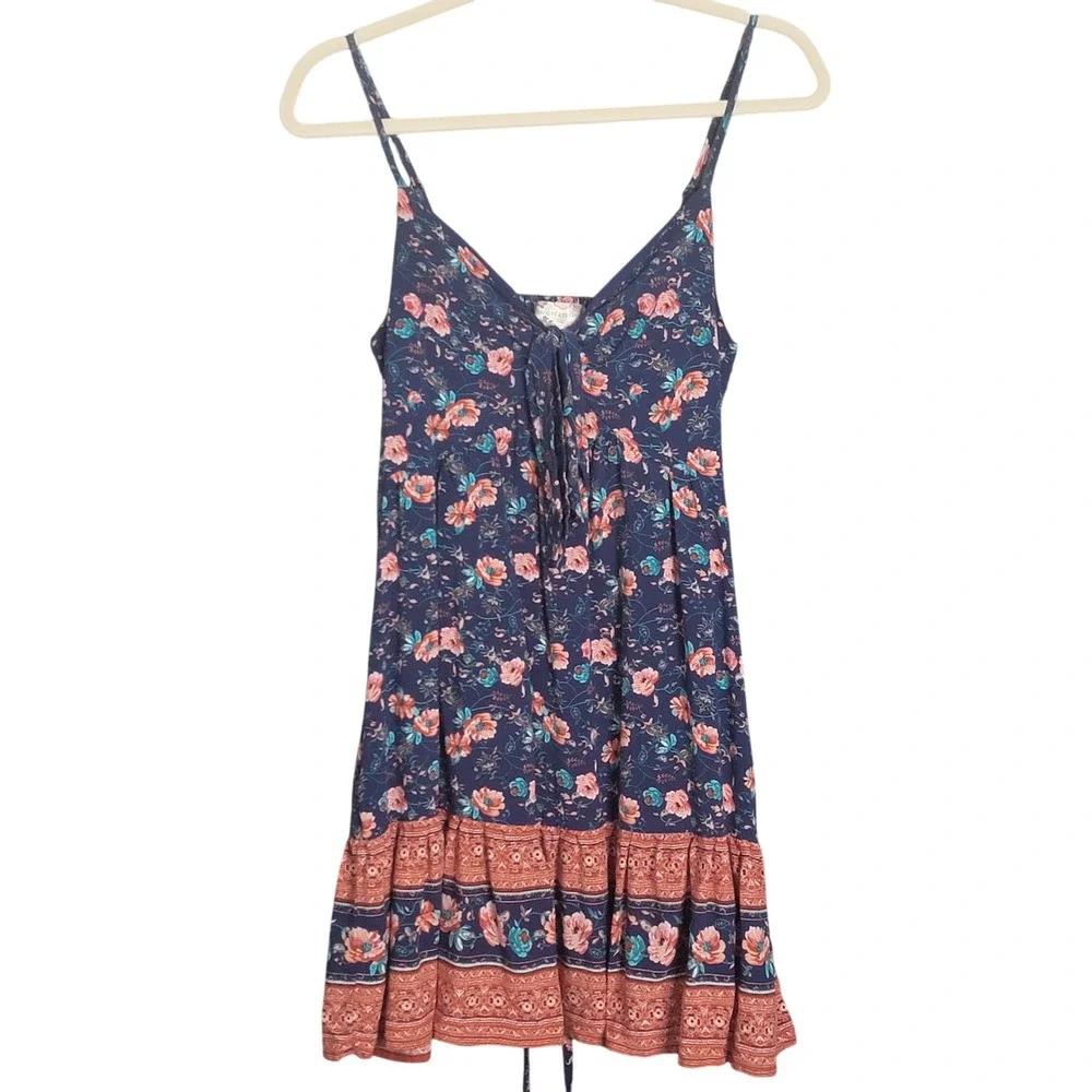 Band of Gypsies Mini Dress Small Navy Blue Floral Tie Front Boho Ruffle Cowgirl - Picture 1 of 10